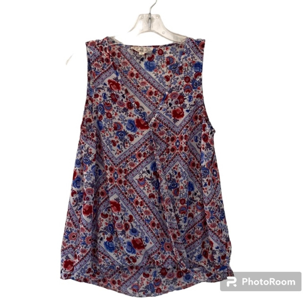 Pink Rose White, Red & Blue Floral Pattern Sleeveless Top Size Medium